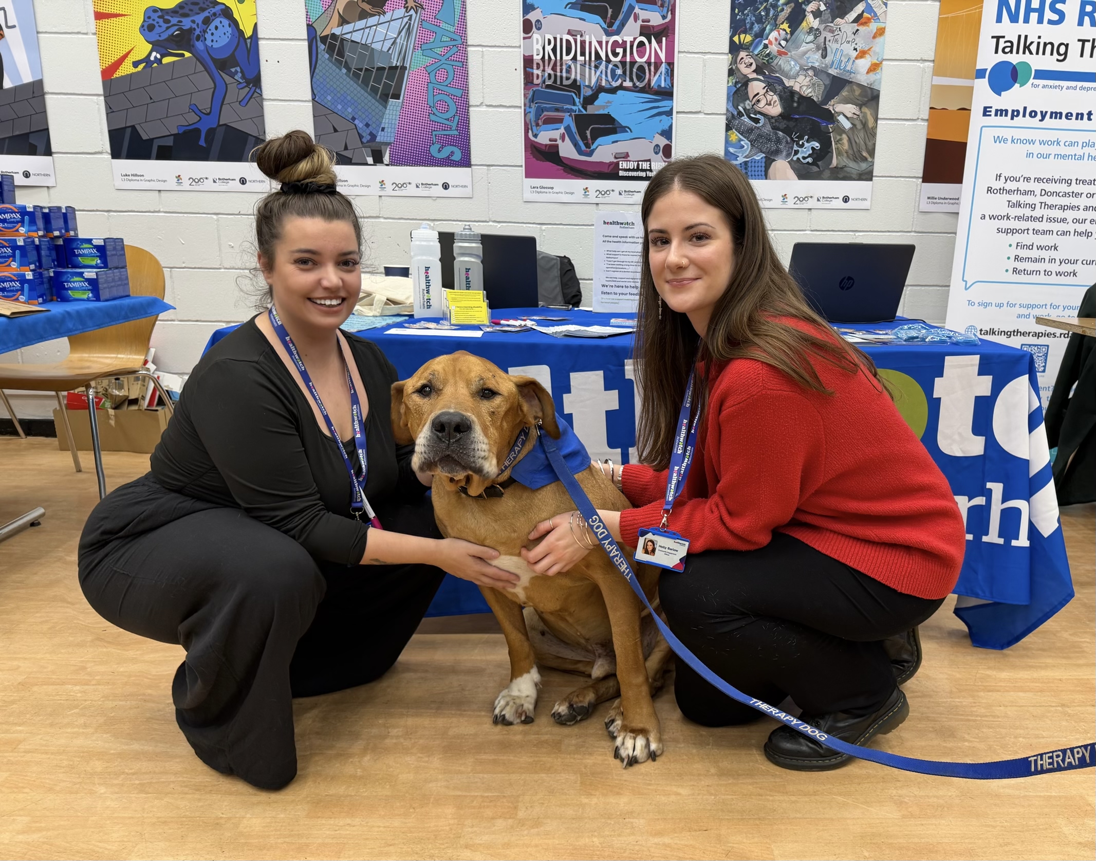 Picture of Danielle and Holly with Paddy the therapy Dog 