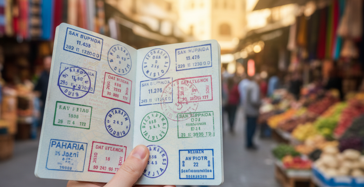 a picture of an open passport with various travel stamps. the background is a busy market