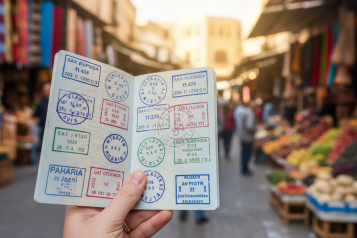 a picture of an open passport with various travel stamps. the background is a busy market