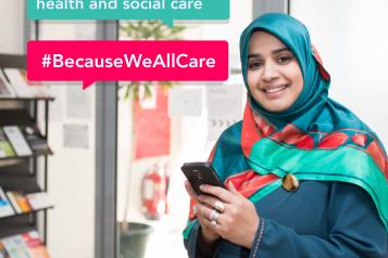 Woman smiles at camera next to speech bubbles containing text 'Share your feedback on health and social care'