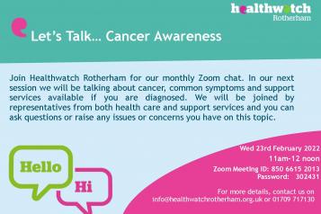Pink and blue event poster regarding an online zoom event on cancer awareness by Healthwatch Rotherham