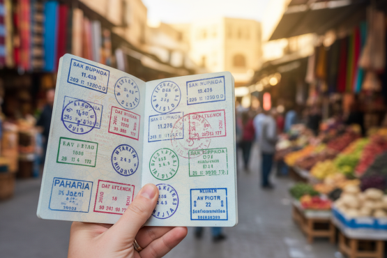 a picture of an open passport with various travel stamps. the background is a busy market