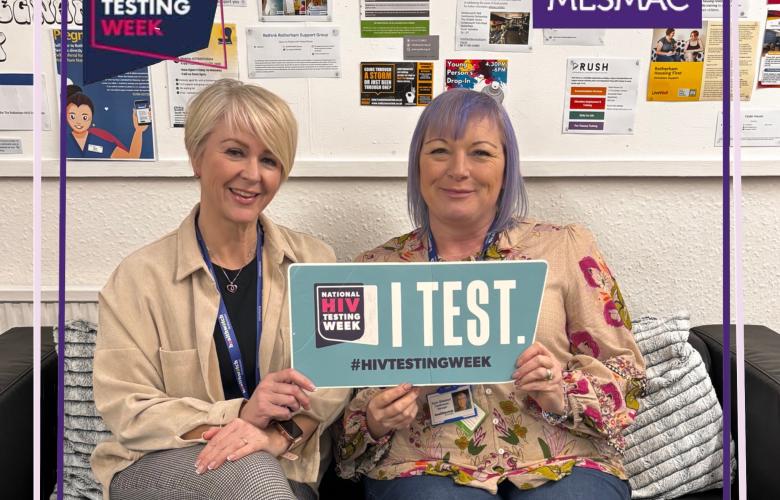 Photo of Andrea and Kym holding a 'I test' poster