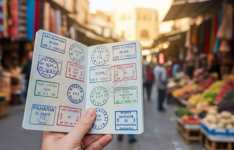 a picture of an open passport with various travel stamps. the background is a busy market
